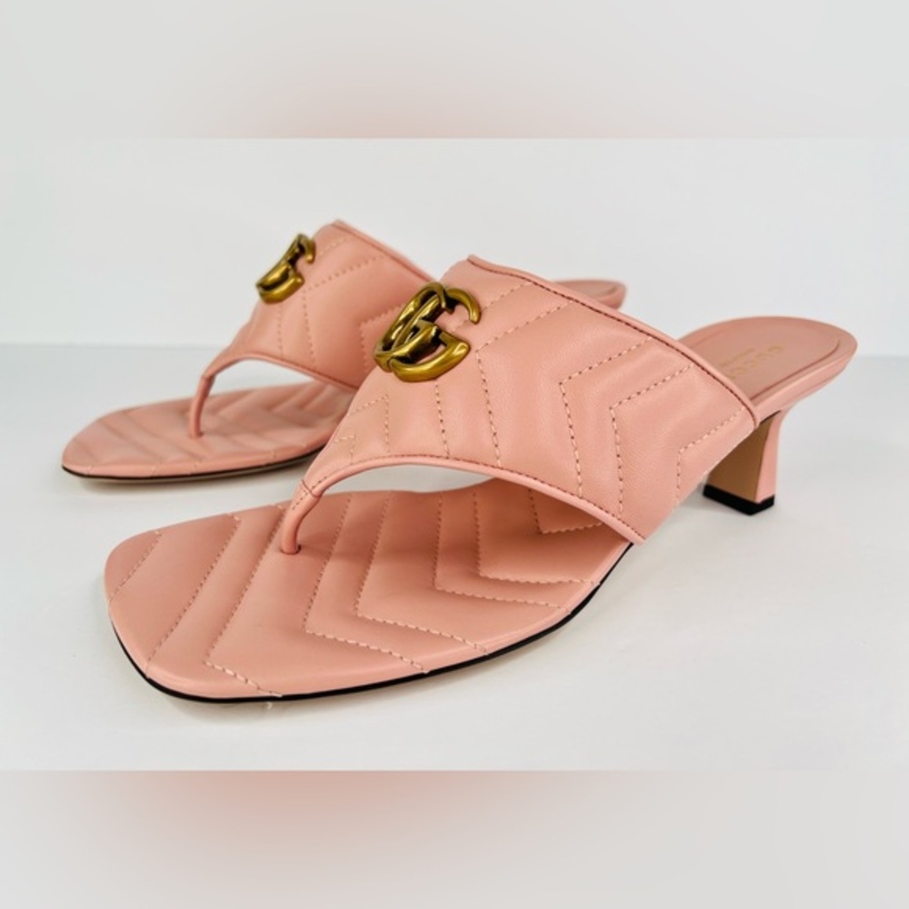 Gucci Marmont Double G Chevron GG Logo Pink Thong Mule Kitten Sandals Size EU 40